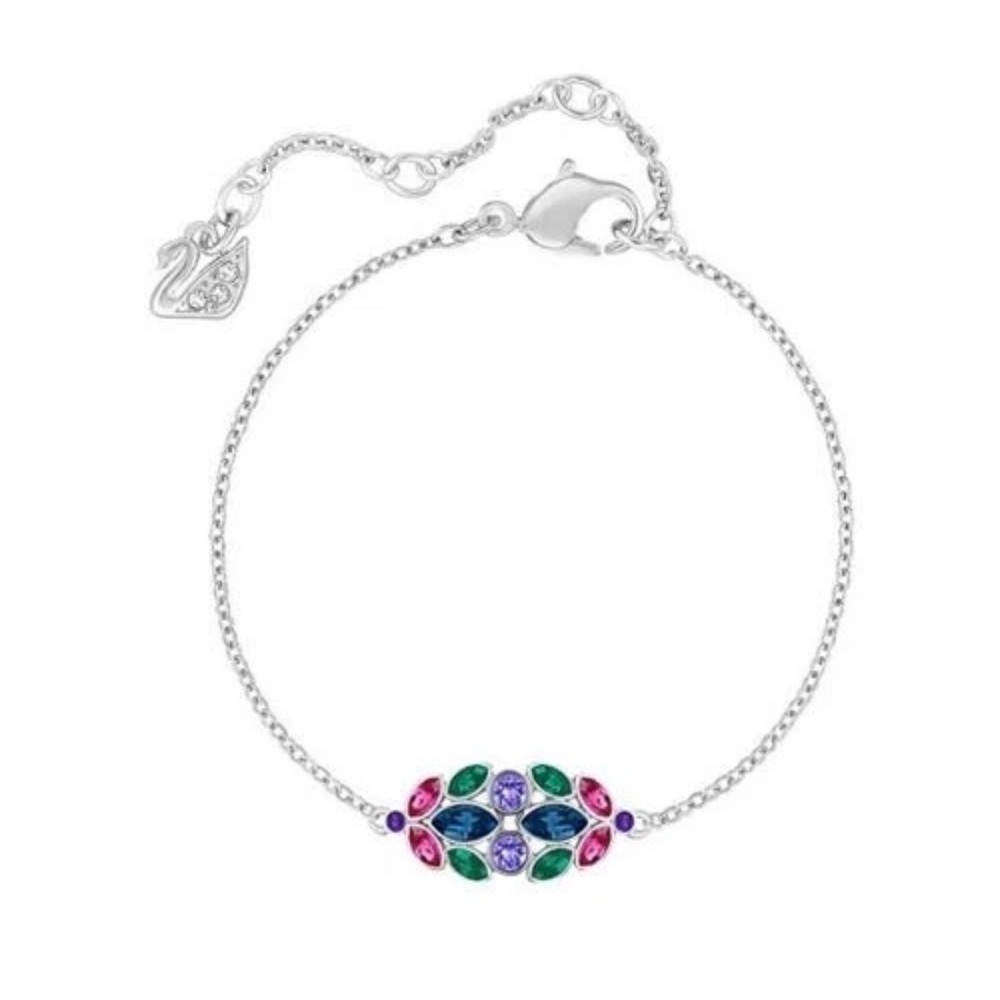 NWT Swarovski Silver Bracelet with Pink, Green, and Purple Gems Floral minimal